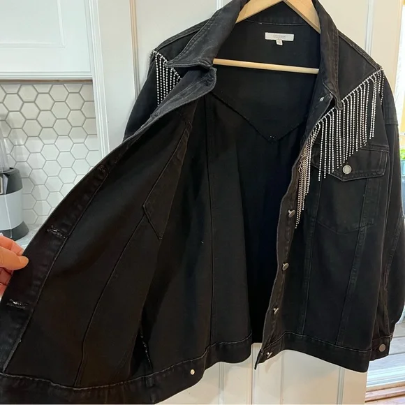 Cowgirl Rhinestone Fringe Black Denim Jacket, VEVERET sz 18. Trucker Glam Biker - Picture 8 of 11